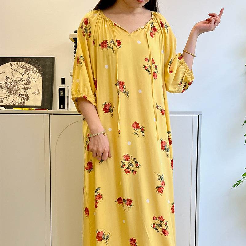 Women's Summer Cotton Silk Nightgown Dress with Belt, Korean Style - Price Value Store