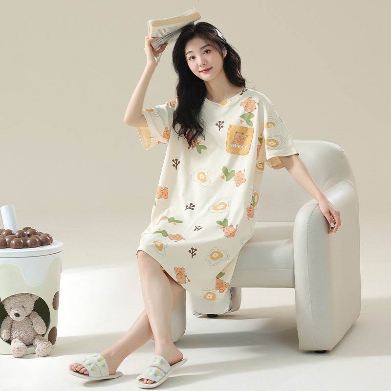 Women's Cotton Antibacterial Summer Nightgown, Cute Cartoon Sleepwear, Sizes M-4XL - Price Value Store