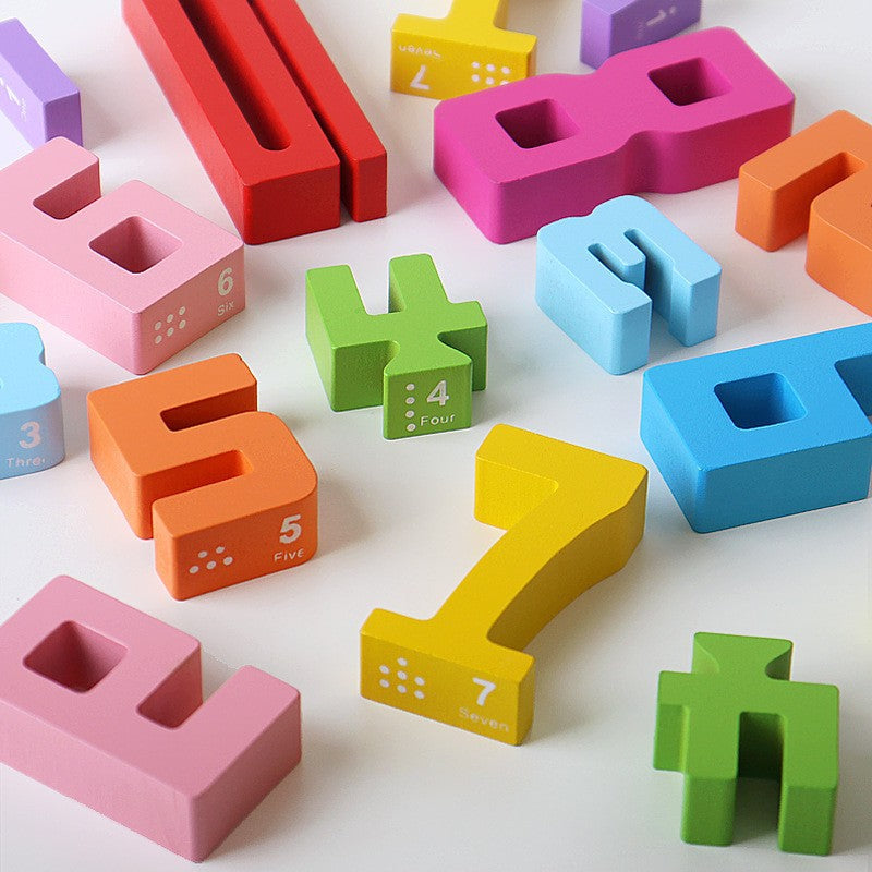A wooden digital building block stacking toy
