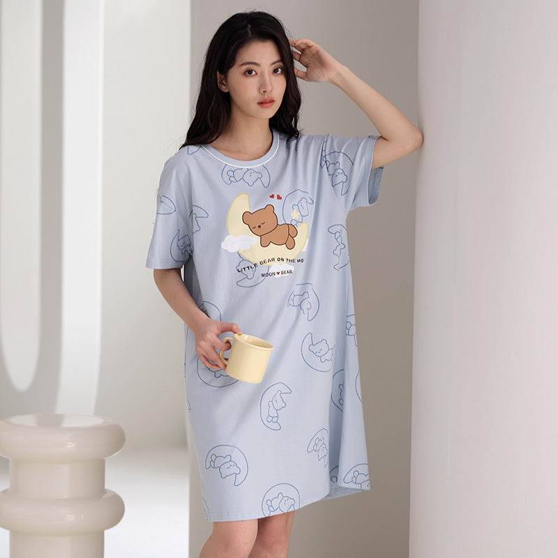 Women's Summer pure cotton Thin cute Short-Sleeved Pajamas Home Wear Girls Summer sexy Dress - Price Value Store