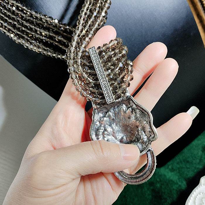 vintage Crystal Multi-layer Chain Lion Head Heavy Industry Necklace Female Geometric Earrings Ear Clip Set Female - Price Value Store