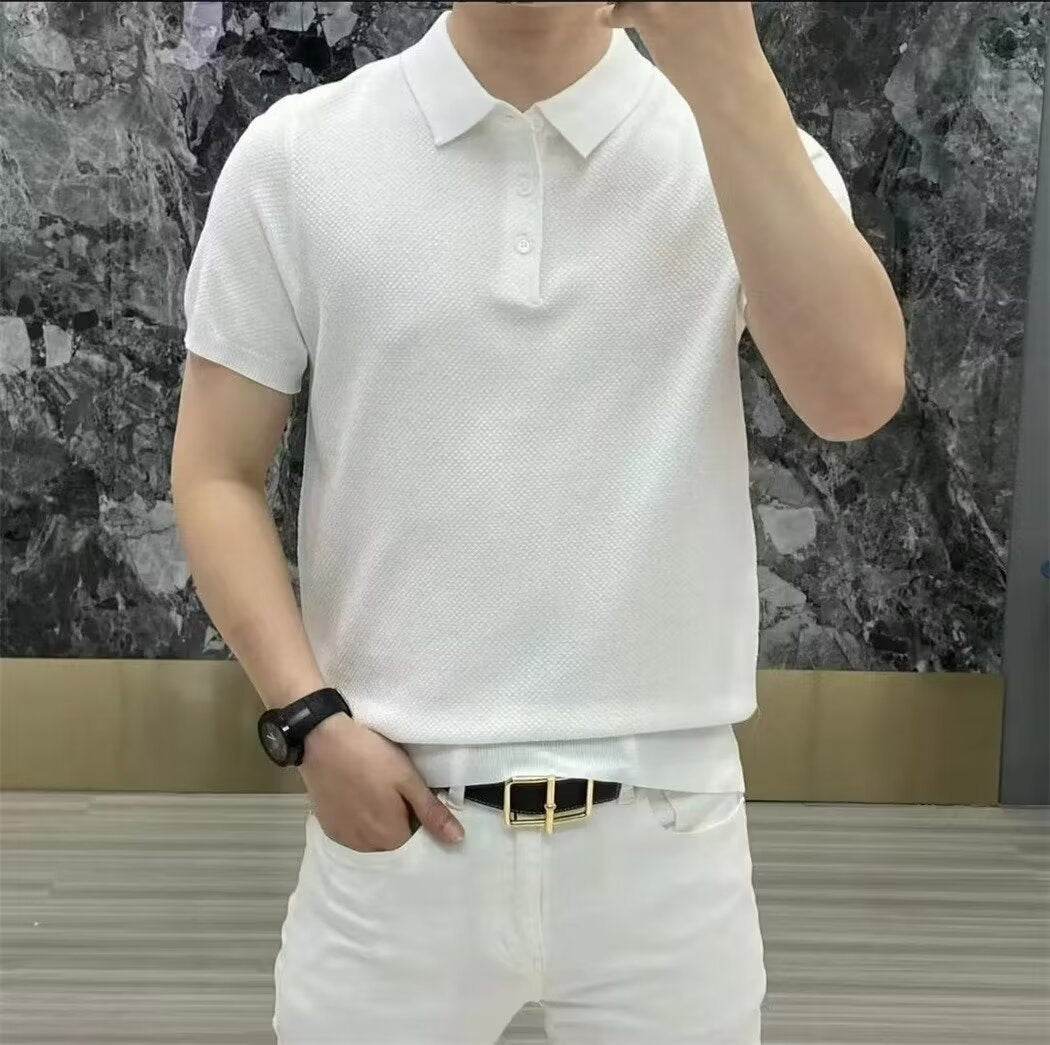 Fashion Casual Lapel Pure Color Polo Shirt Casual Knitted Short-Sleeved Men's Summer New Breathable Trendy Men's T-Shirt - Price Value Store