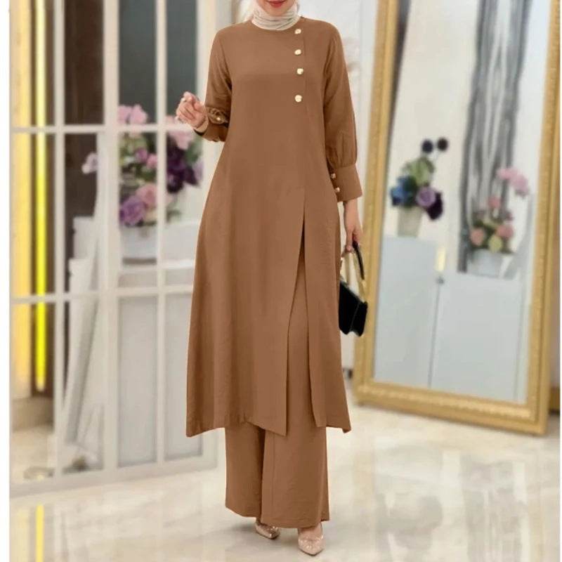 Women's Two-Piece Elegant Long Shirt Wide Leg Pants Set - Price Value Store
