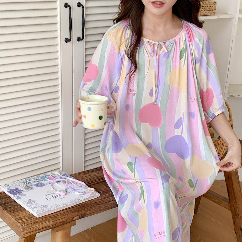 Women's Summer Cotton Silk Nightgown Dress with Belt, Korean Style - Price Value Store