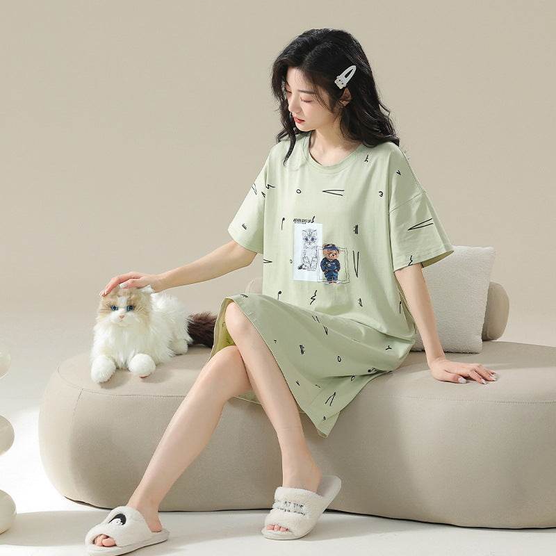 Women's Cotton Antibacterial Summer Nightgown, Cute Cartoon Sleepwear, Sizes M-4XL - Price Value Store