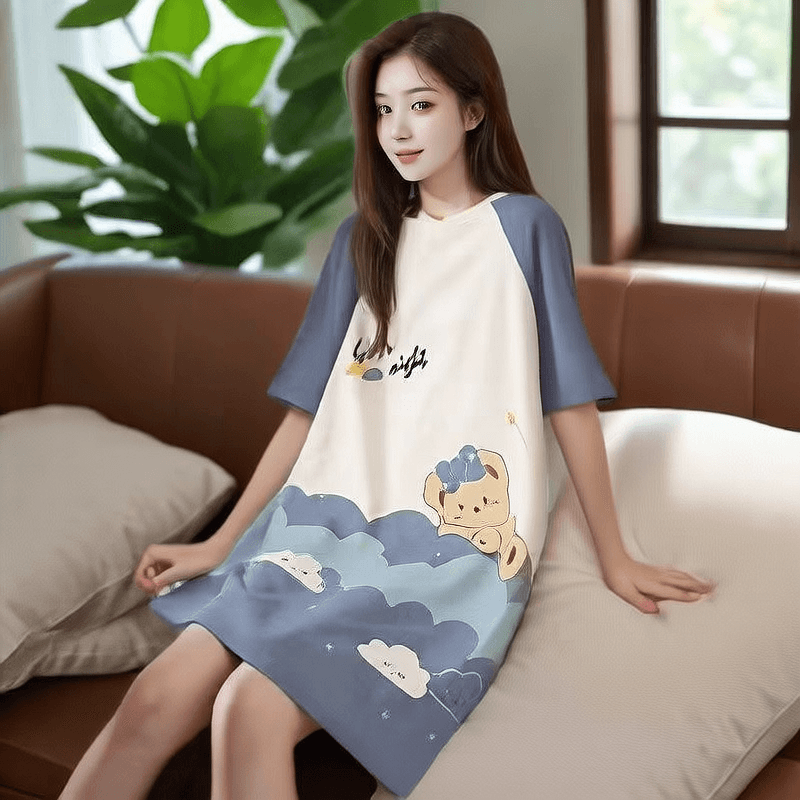Women's Summer Milk Silk Nightgown, Cartoon Short Sleeve Sleep Dress, Plus Size Pajamas - Price Value Store