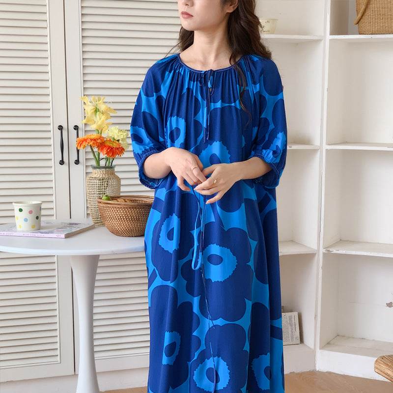 Women's Summer Cotton Silk Nightgown Dress with Belt, Korean Style - Price Value Store