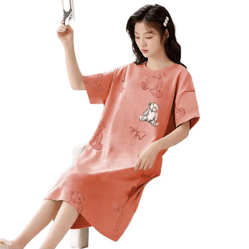Women's Summer Milk Silk Nightgown, Cartoon Short Sleeve Sleep Dress, Plus Size Pajamas - Price Value Store