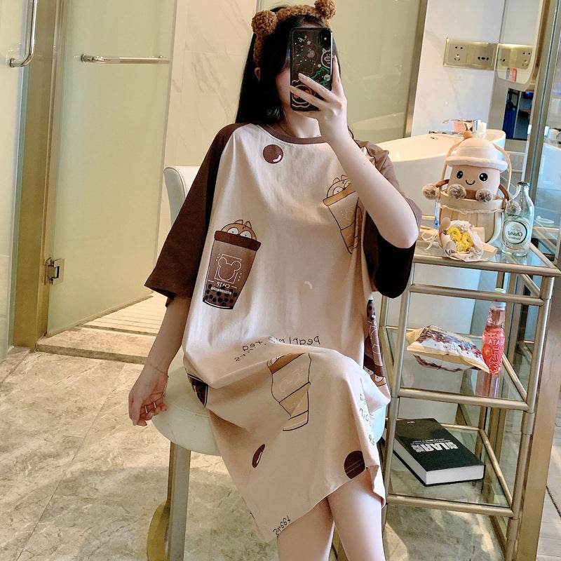 Women's Summer Cartoon Short Sleeve Pajama Dress - Loose Comfortable Home Wear - Price Value Store