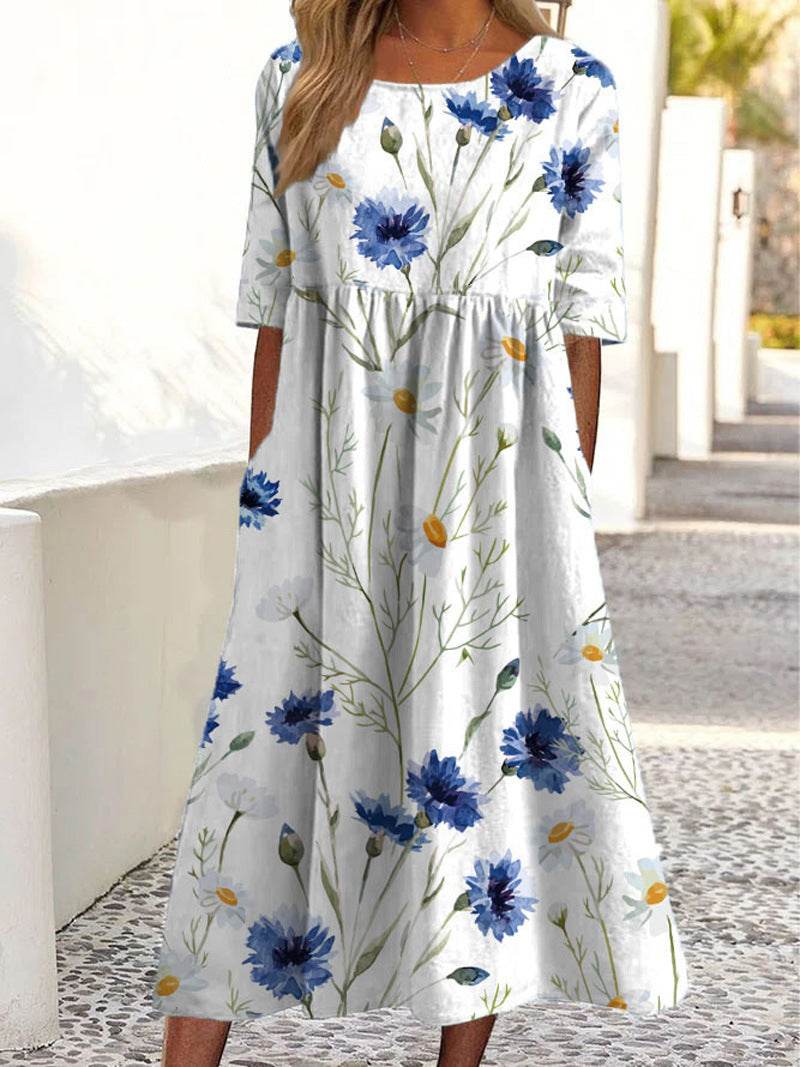 Women's Casual Short Sleeve Printed A-Line Dress with Pocket - Price Value Store