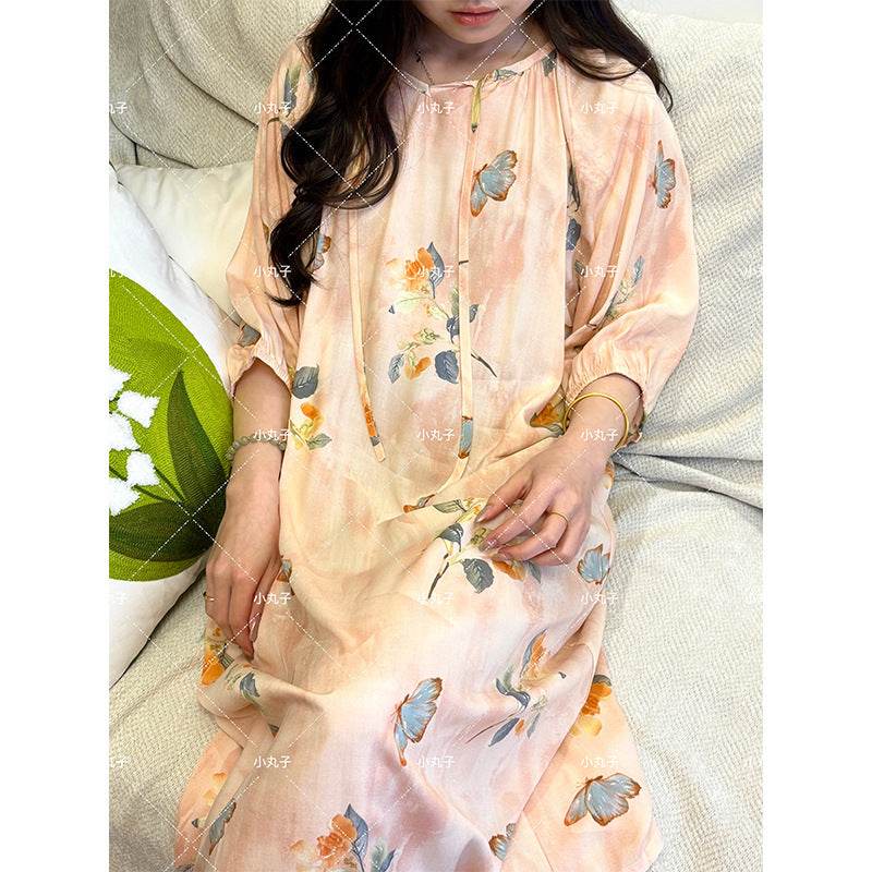 Women's Summer Cotton Silk Nightgown Dress with Belt, Korean Style - Price Value Store