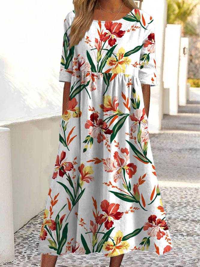 Women's Casual Short Sleeve Printed A-Line Dress with Pocket - Price Value Store