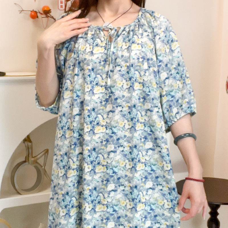 Women's Summer Cotton Silk Nightgown Dress with Belt, Korean Style - Price Value Store
