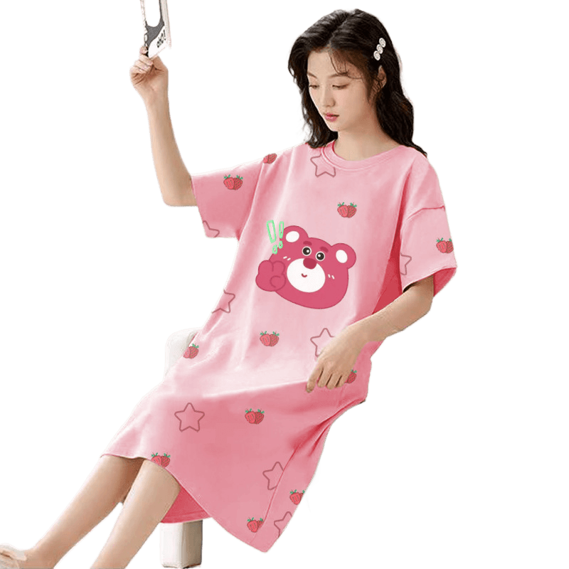 Women's Summer Milk Silk Nightgown, Cartoon Short Sleeve Sleep Dress, Plus Size Pajamas - Price Value Store