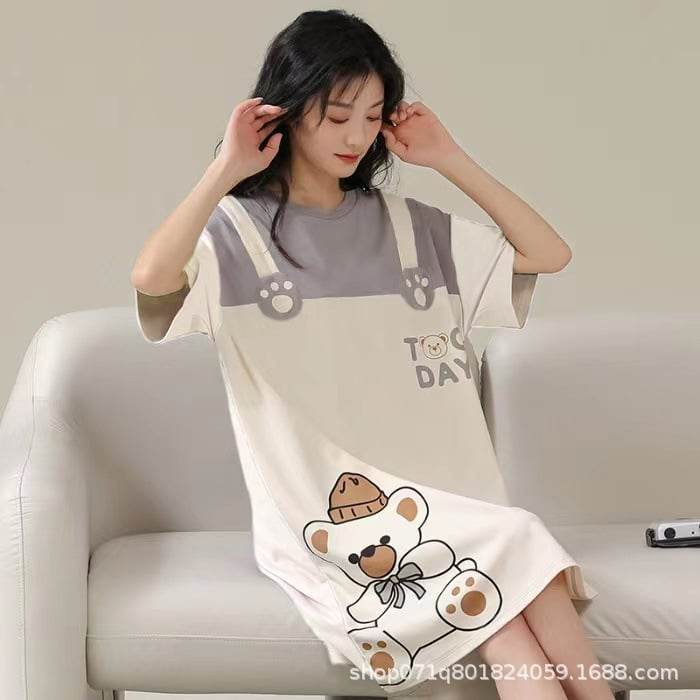 Women's Summer Milk Silk Nightgown, Cartoon Short Sleeve Sleep Dress, Plus Size Pajamas - Price Value Store