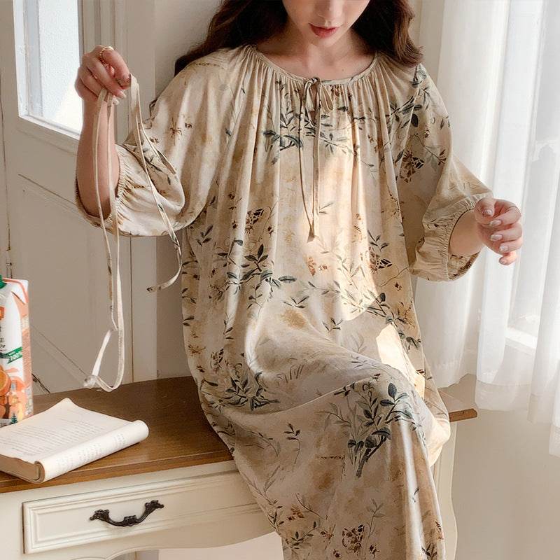 Women's Summer Cotton Silk Nightgown Dress with Belt, Korean Style - Price Value Store