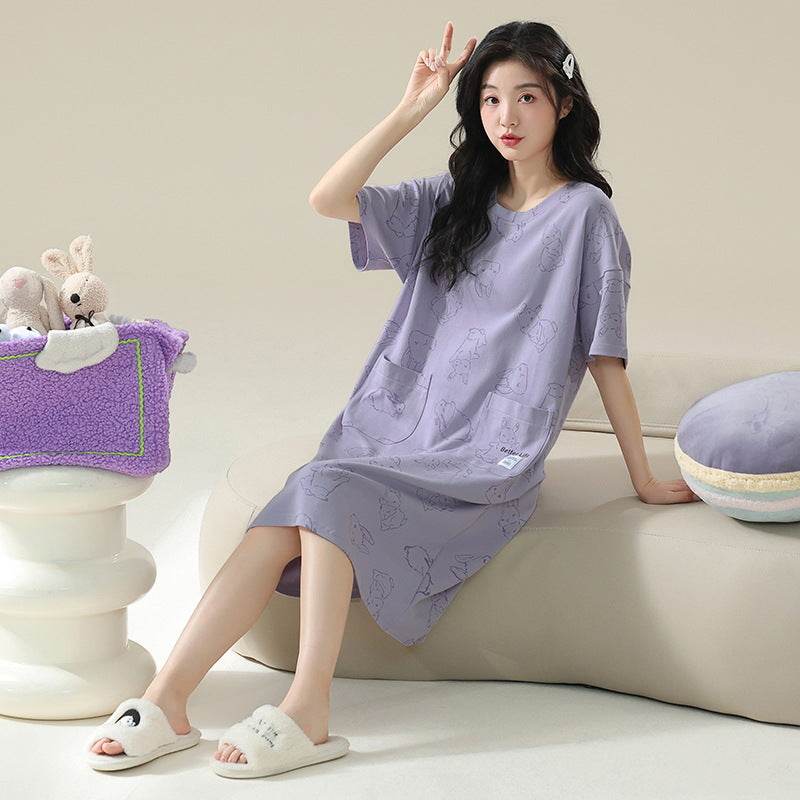 Women's Cotton Antibacterial Summer Nightgown, Cute Cartoon Sleepwear, Sizes M-4XL - Price Value Store