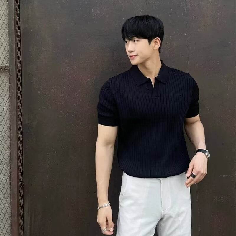 Fashion Casual Lapel Pure Color Polo Shirt Casual Knitted Short-Sleeved Men's Summer New Breathable Trendy Men's T-Shirt - Price Value Store