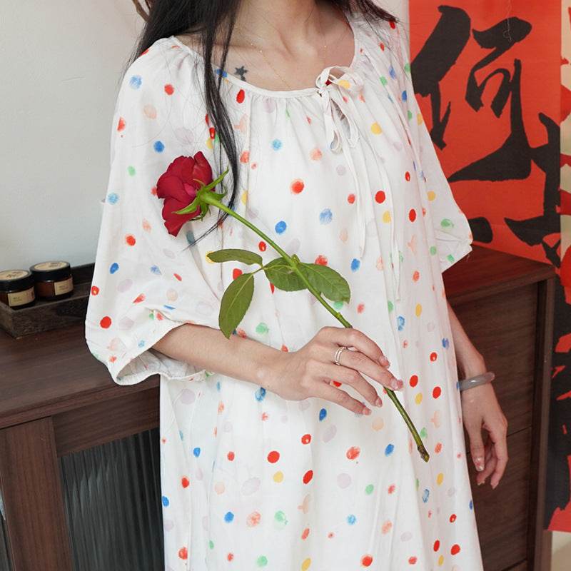 Women's Summer Cotton Silk Nightgown Dress with Belt, Korean Style - Price Value Store
