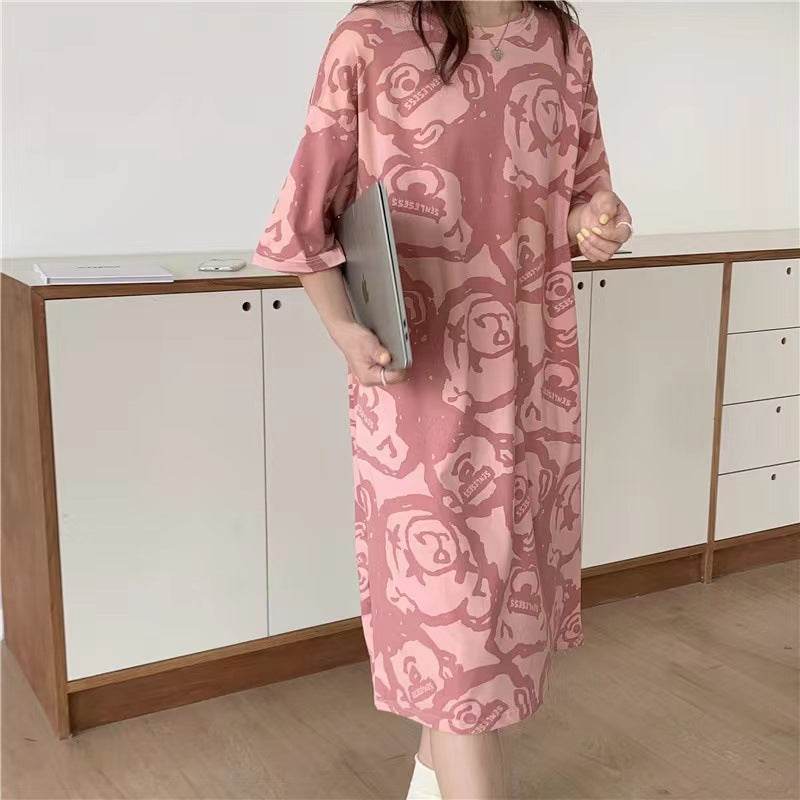Women's Summer Cartoon Short Sleeve Pajama Dress - Loose Comfortable Home Wear - Price Value Store