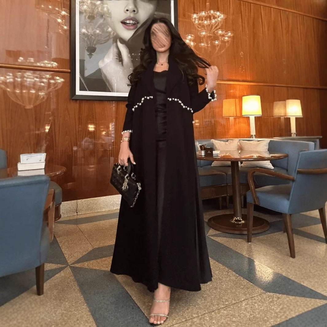 Black long robe with bead decorations and cardigan - Price Value Store