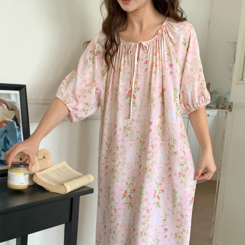 Women's Summer Cotton Silk Nightgown Dress with Belt, Korean Style - Price Value Store