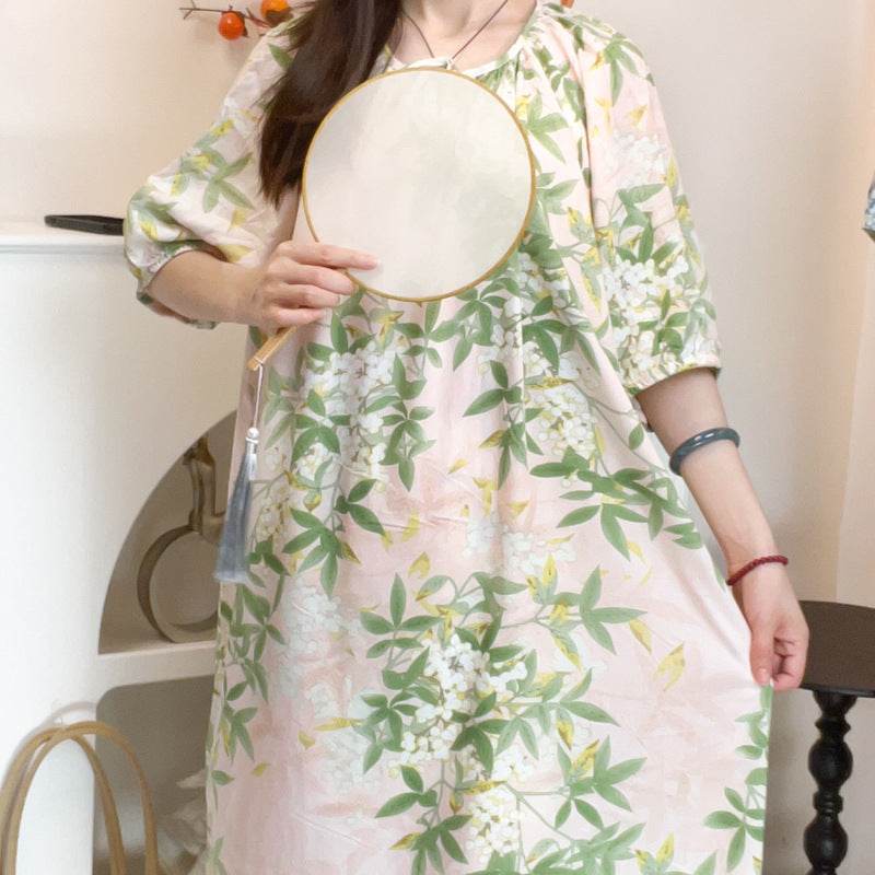 Women's Summer Cotton Silk Nightgown Dress with Belt, Korean Style - Price Value Store