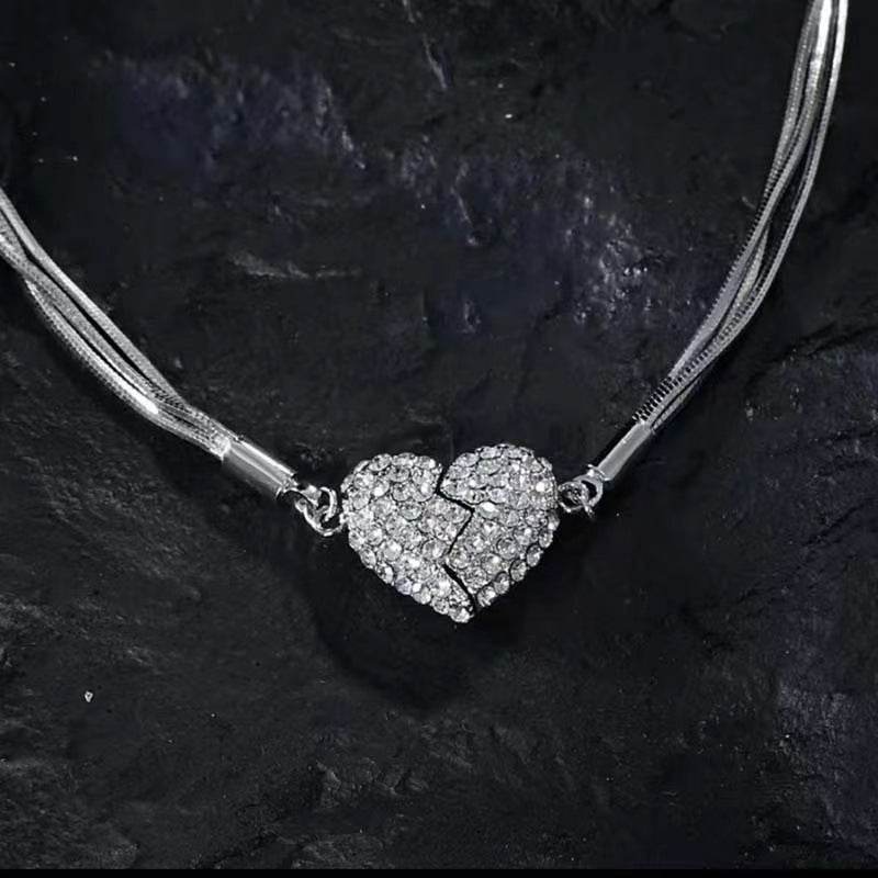 Niche design necklace Diamond Love magnet necklace multi-layer snake bone chain heart necklace temperament clavicle chain - Price Value Store