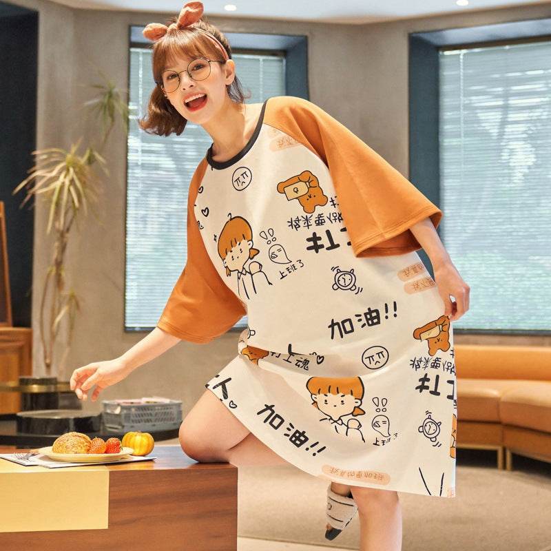 Women's Summer Cartoon Short Sleeve Pajama Dress - Loose Comfortable Home Wear - Price Value Store