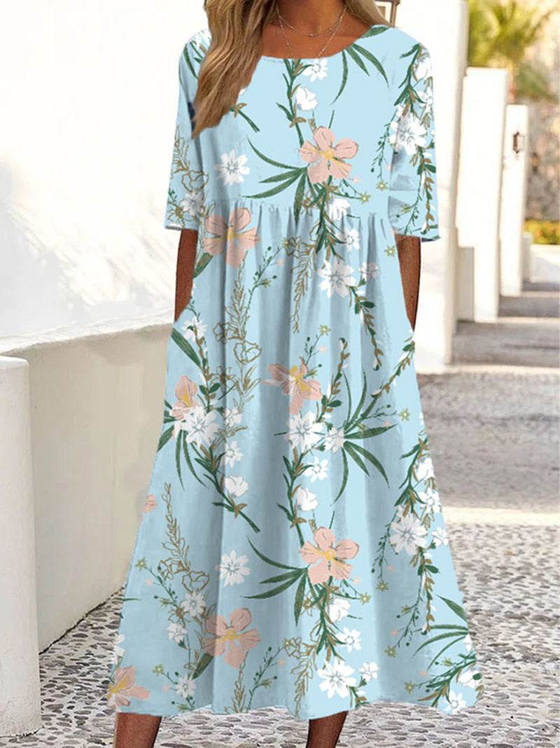 Women's Casual Short Sleeve Printed A-Line Dress with Pocket - Price Value Store