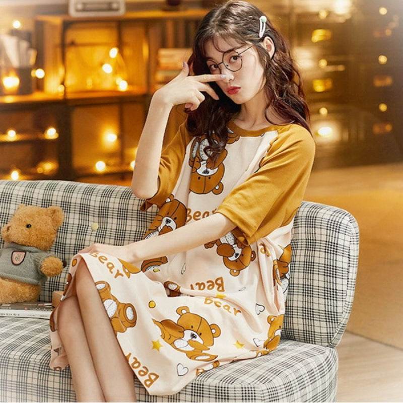 Women's Summer Cartoon Short Sleeve Pajama Dress - Loose Comfortable Home Wear - Price Value Store