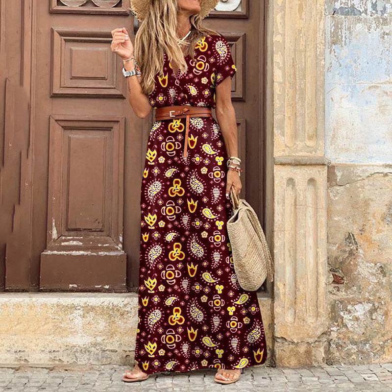 Bohemian Floral Print V-Neck Long Dress - Price Value Store