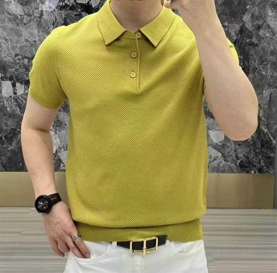 Fashion Casual Lapel Pure Color Polo Shirt Casual Knitted Short-Sleeved Men's Summer New Breathable Trendy Men's T-Shirt - Price Value Store