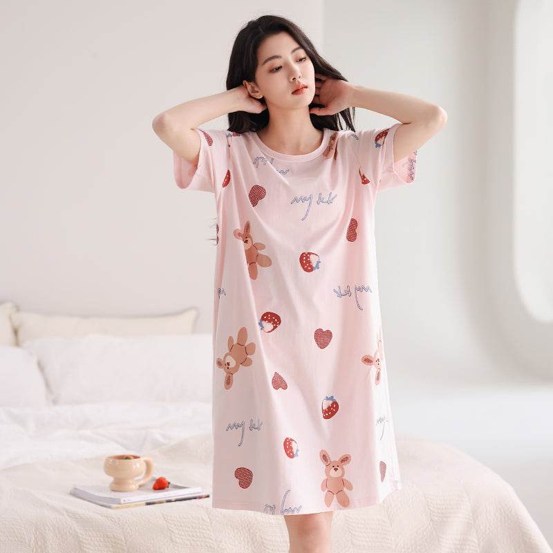 Women's Summer pure cotton Thin cute Short-Sleeved Pajamas Home Wear Girls Summer sexy Dress - Price Value Store
