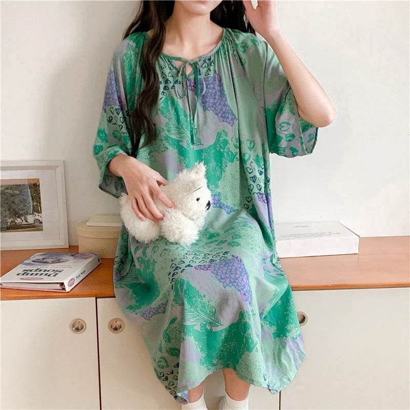 Women's Summer Cotton Silk Nightgown Dress with Belt, Korean Style - Price Value Store