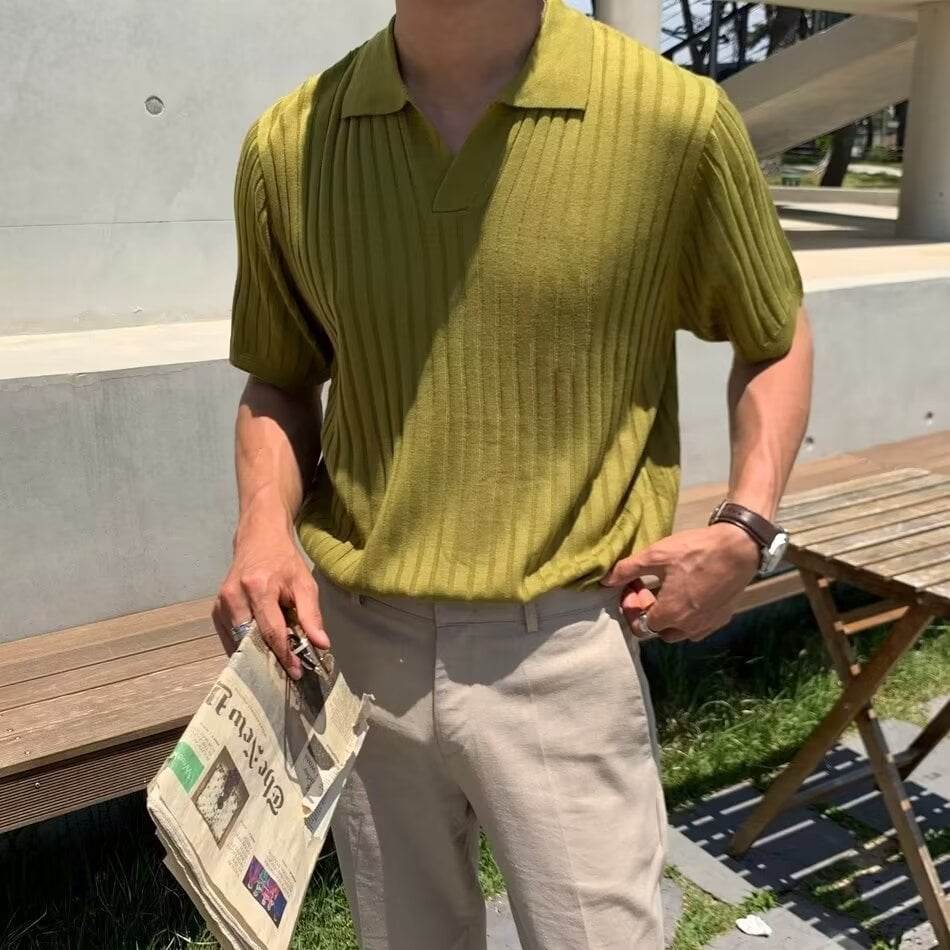 Fashion Casual Lapel Pure Color Polo Shirt Casual Knitted Short-Sleeved Men's Summer New Breathable Trendy Men's T-Shirt - Price Value Store