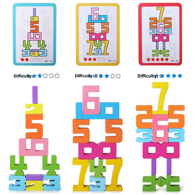 A wooden digital building block stacking toy