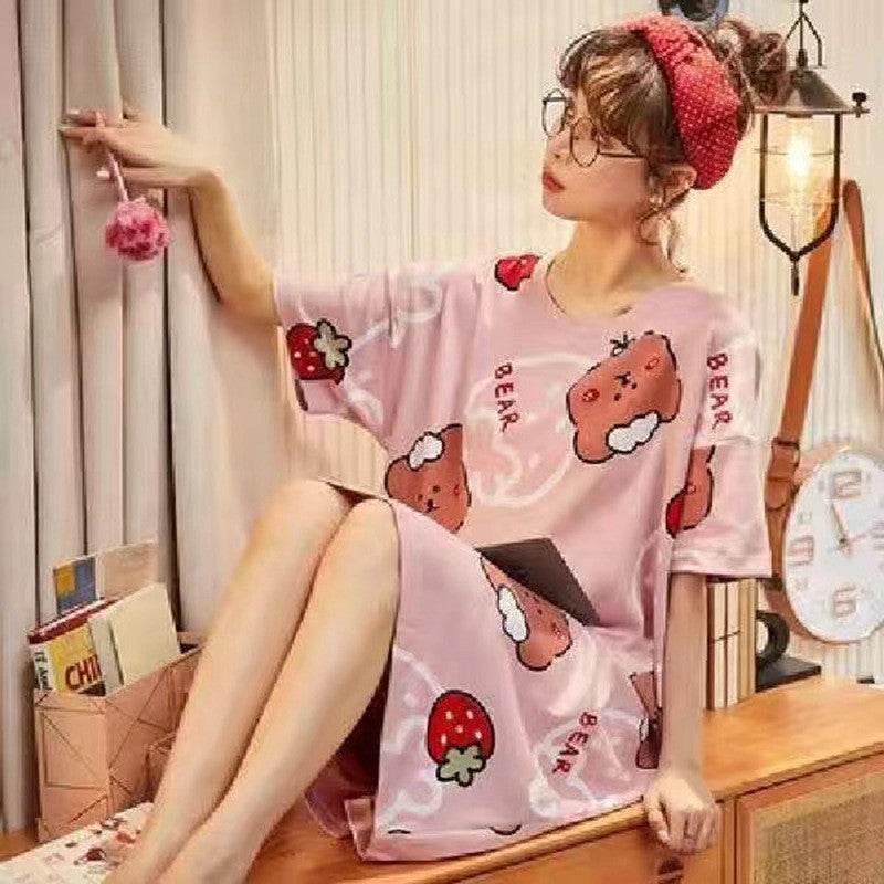 Women's Summer Cartoon Short Sleeve Pajama Dress - Loose Comfortable Home Wear - Price Value Store