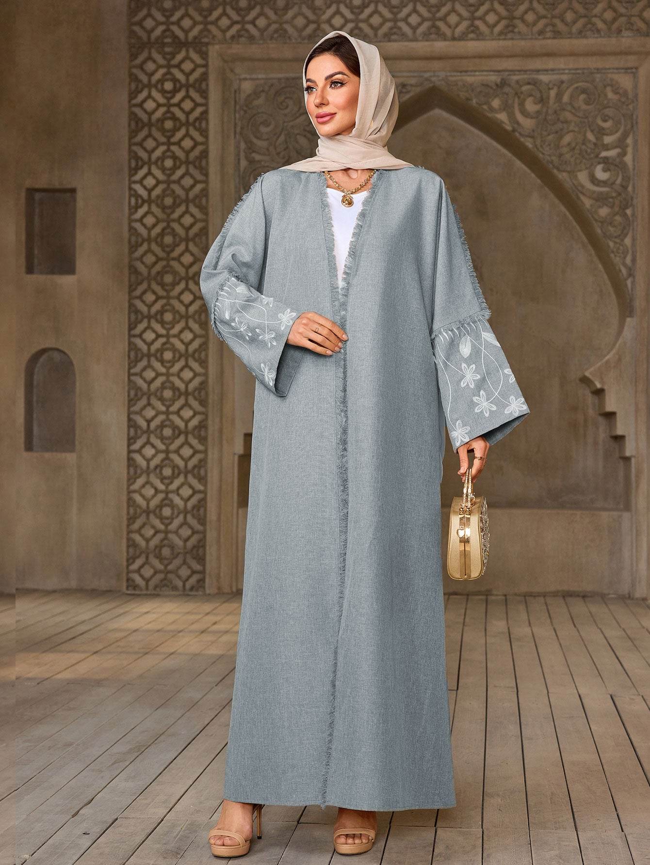 Elegant Flower Embroidered Cardigan Long Dress - Price Value Store