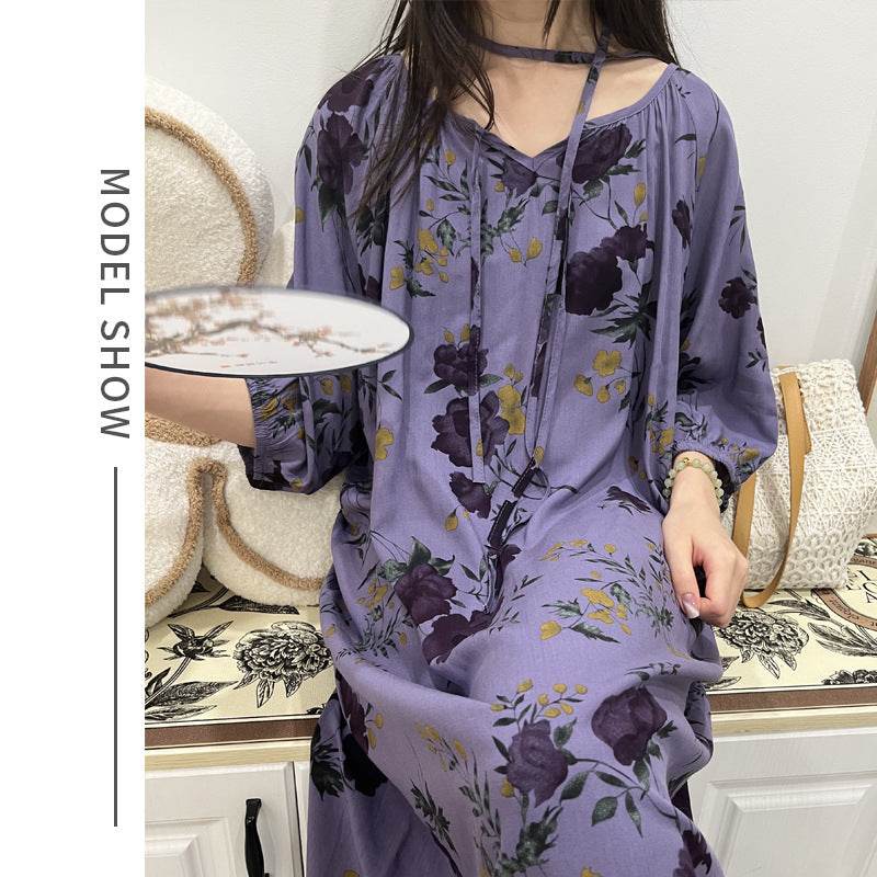 Women's Summer Cotton Silk Nightgown Dress with Belt, Korean Style - Price Value Store