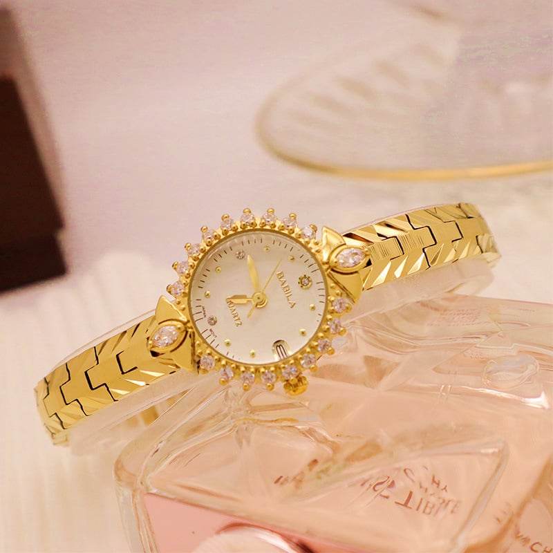 Diamond-encrusted relief bracelet, elegant quartz small gold watch - Price Value Store