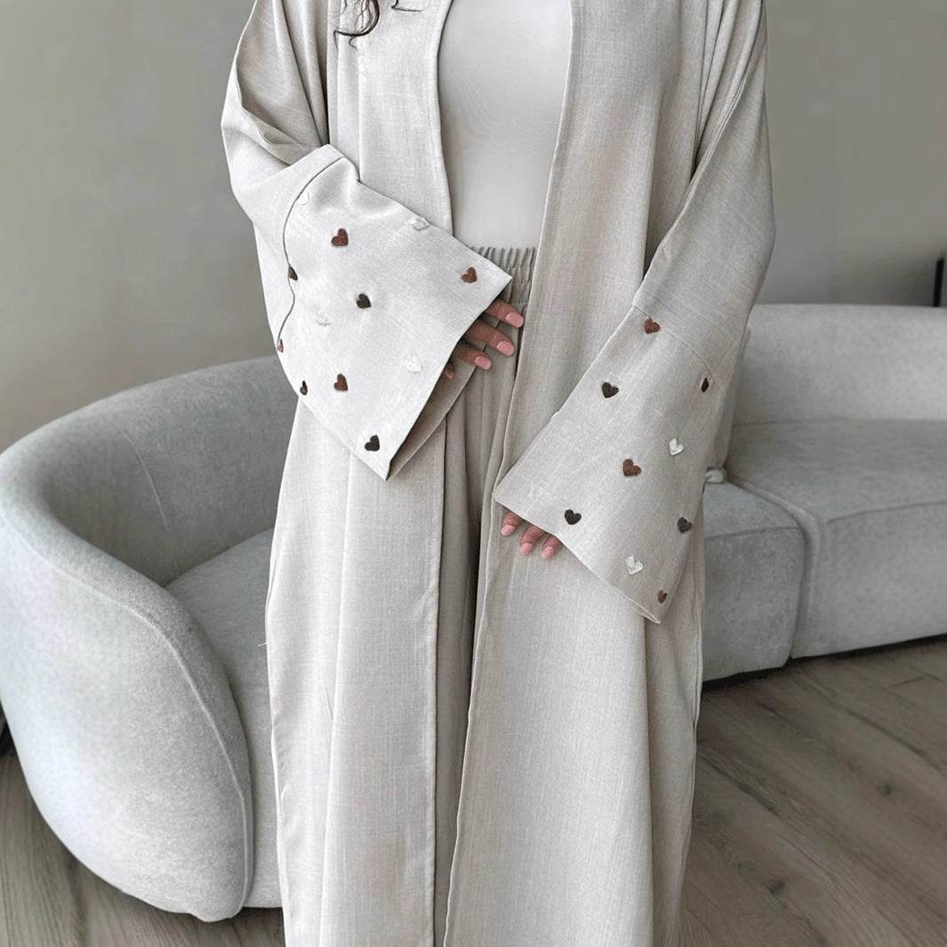 Elegant Linen Long Cardigan with Love Embroidery - Price Value Store