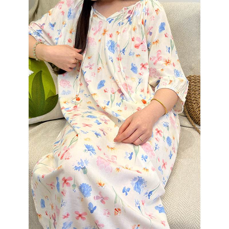 Women's Summer Cotton Silk Nightgown Dress with Belt, Korean Style - Price Value Store