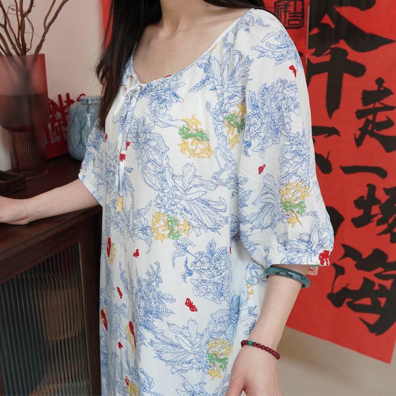 Women's Summer Cotton Silk Nightgown Dress with Belt, Korean Style - Price Value Store