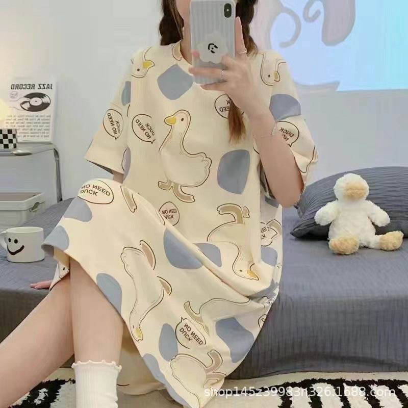 Women's Summer Cartoon Short Sleeve Pajama Dress - Loose Comfortable Home Wear - Price Value Store