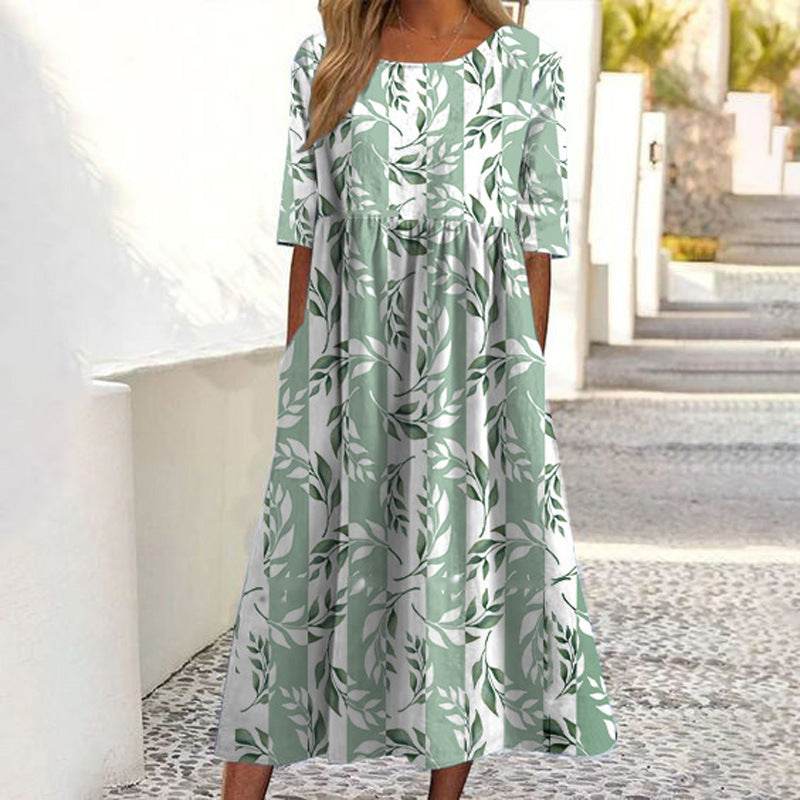 Women's Casual Short Sleeve Printed A-Line Dress with Pocket - Price Value Store