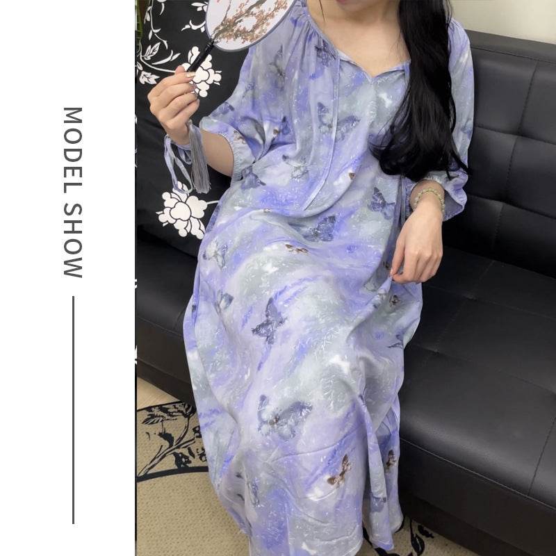 Women's Summer Cotton Silk Nightgown Dress with Belt, Korean Style - Price Value Store