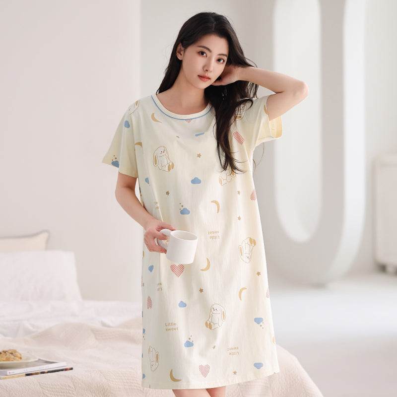 Women's Summer pure cotton Thin cute Short-Sleeved Pajamas Home Wear Girls Summer sexy Dress - Price Value Store