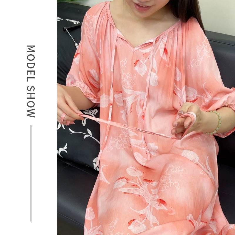 Women's Summer Cotton Silk Nightgown Dress with Belt, Korean Style - Price Value Store