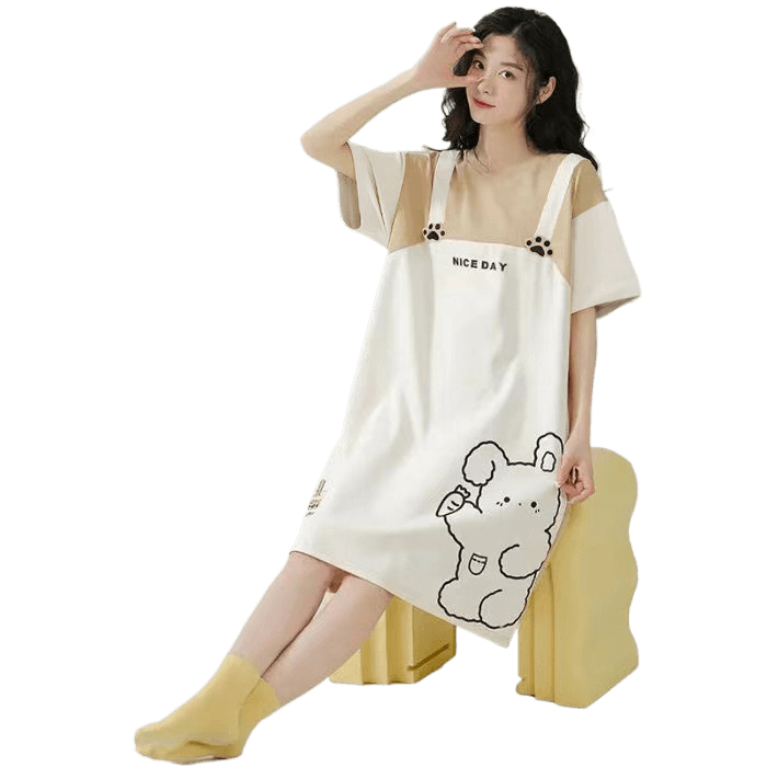 Women's Summer Milk Silk Nightgown, Cartoon Short Sleeve Sleep Dress, Plus Size Pajamas - Price Value Store